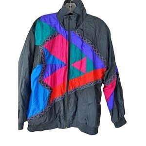 VTG Sunterra Womens Black M Totally 80s‎ Windbreaker Jacket Block Abstract Retro